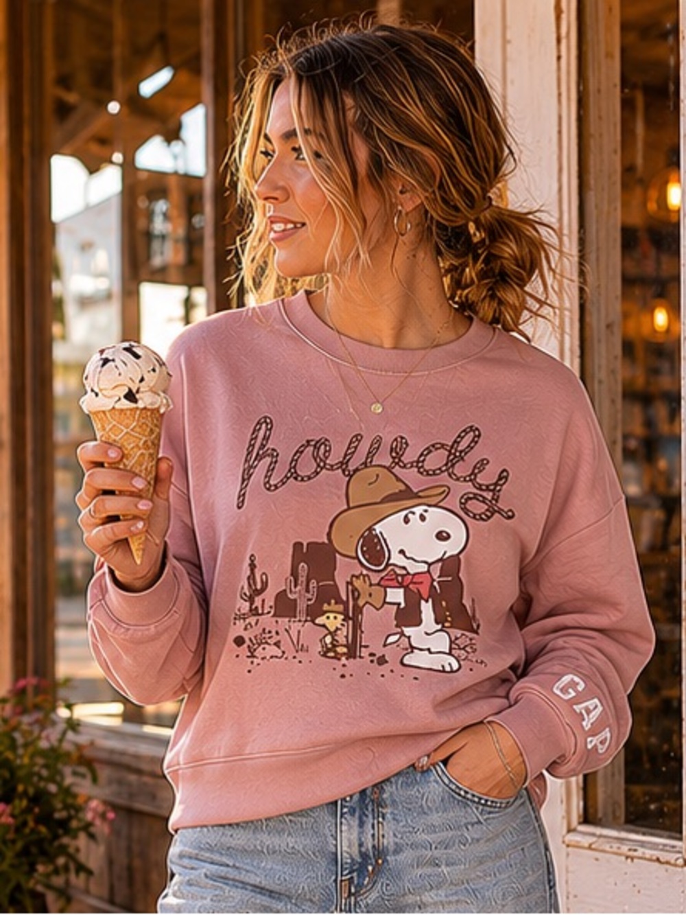 GAP Peanuts Howdy Western Graphic Sweatshirt Size Large NWT
